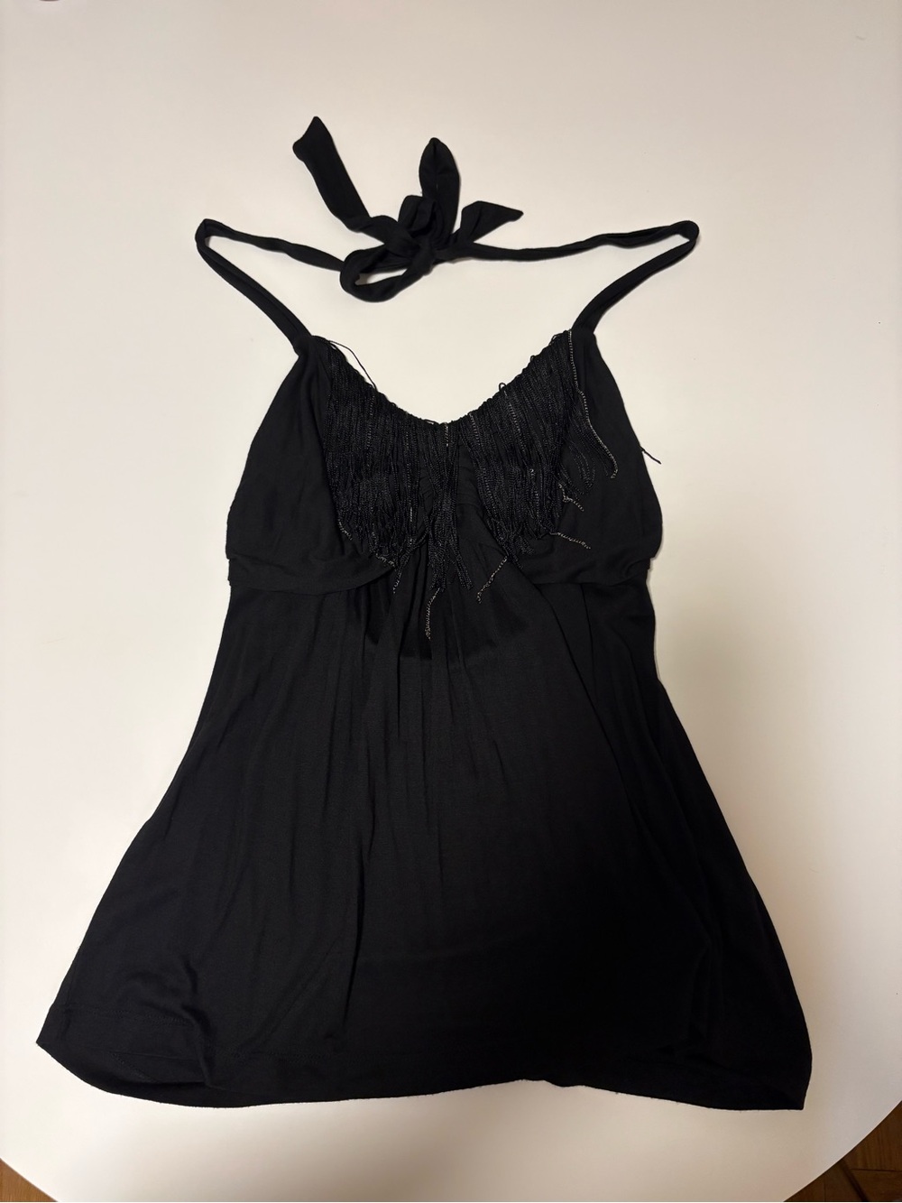 90s Black Halter Top with Fringe Detail - Size small
